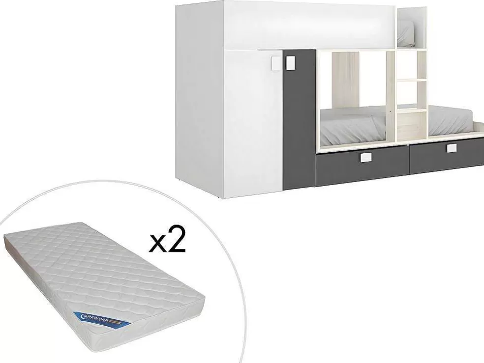 Clearance Stapelbed Met Ingebouwde Kast 2 X 90 X 190 Cm - Wit, Eiken En Antraciet + Matras - Juanito Kinderbed Stapelbed