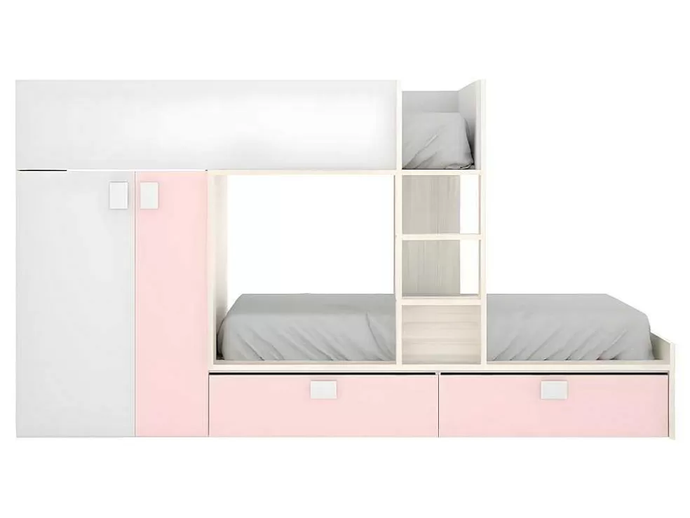 Outlet Stapelbed Met Ingebouwde Kast En Opbergruimte 2X90X190Cm - Wit, Eiken En Roze + Matras -Juanito Kinderbed