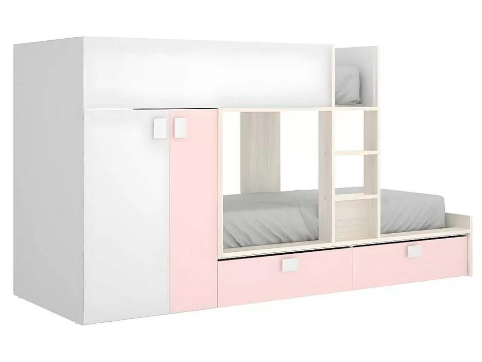 Outlet Stapelbed Met Ingebouwde Kast En Opbergruimte 2X90X190Cm - Wit, Eiken En Roze + Matras -Juanito Kinderbed