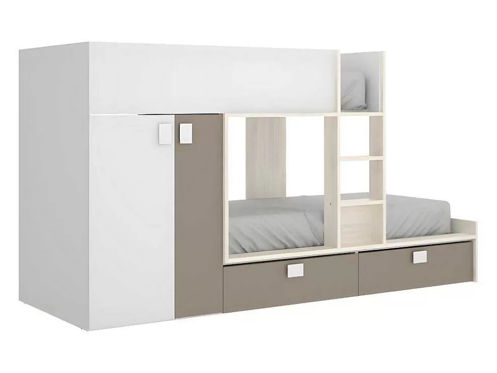 Outlet Stapelbed Met Ingebouwde Kast En Opbergruimte 2X90X190Cm - Wit, Eiken En Taupe + Matras - Juanito Kinderbed Stapelbed