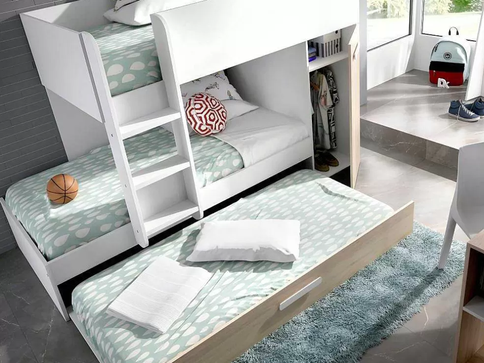 Outlet Stapelbed Met Onderschuifbed Anthony Met Opbergruimte 3X90X190Cm - Kleuren: Wit En Eik + Matras Kinderbed Stapelbed