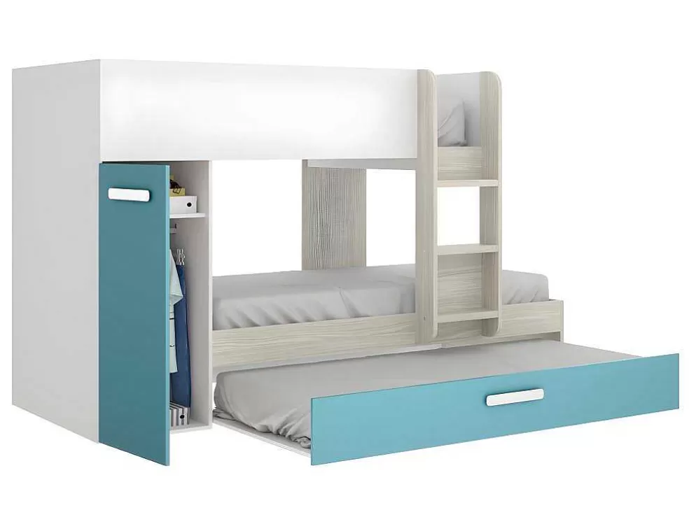 Cheap Stapelbed Met Slaaplade En Opbergruimtes 3 X 90 X 190 Cm - Wit, Naturel En Blauw - Met Matras - Anthony Kinderbed Stapelbed
