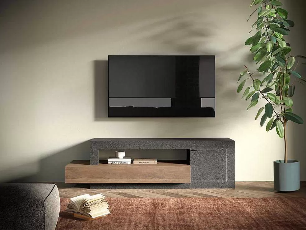 New Tv-Meubel Met 1 Deur, 1 Lade En 1 Vak - Donker Natuurlijk En Antraciet - Ruselo Tv-Meubel