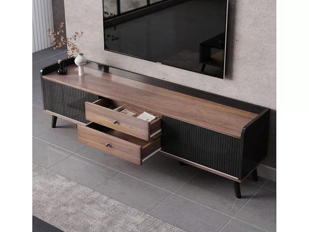 Clearance Tv-Meubel Met 2 Lades En 2 Schuifdeuren - Moderne Stijl - Kleuren: Zwart En Naturel Tv-Meubel